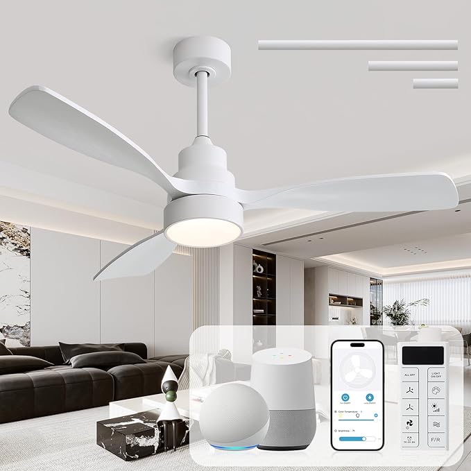 CACI Mall 48 inch White Smart Ceiling Fans with Lights, Low Profile, Modern, 3 Blades, Solid Wood, Remote Control, Work with Alexa/Google, Outdoor Indoor Ceiling Fans for Patio Living Room Bedroom