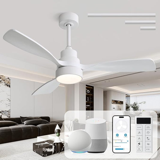 CACI Mall 48 inch White Smart Ceiling Fans with Lights, Low Profile, Modern, 3 Blades, Solid Wood, Remote Control, Work with Alexa/Google, Outdoor Indoor Ceiling Fans for Patio Living Room Bedroom