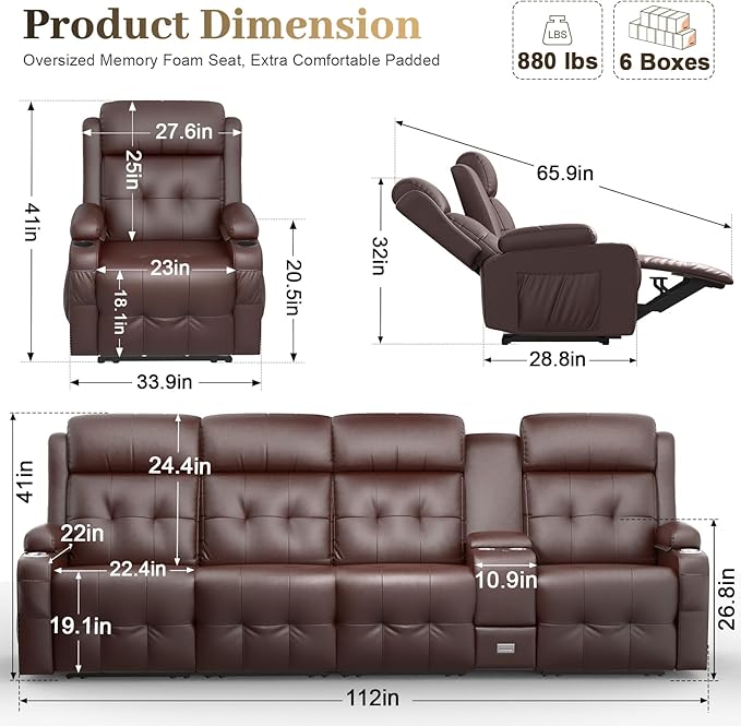 Recliner Sofa, 4 Seater Massage Reclining Loveseat Sofa Sets, 1 Single Power Recliner Chairs Heat & Massage, Heavy Weight Capacity, RV Clearance Love Seat Couch with Console, USB, Type C Port