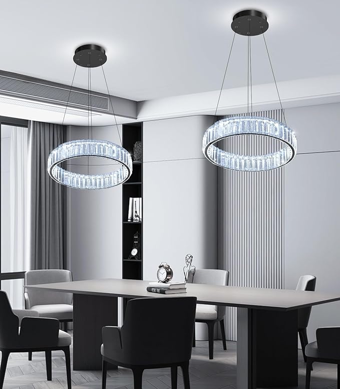 8'' Modern Ring Chandelier Crystal Chandeliers for Dining Room Round LED Dimmable Ceiling Light Fixture for Living Room Bedroom Lighting Black
