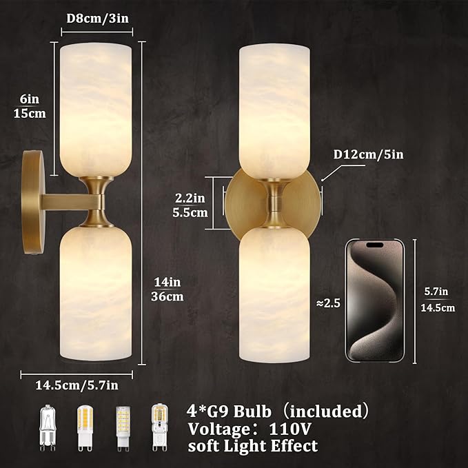 Alabaster Wall Sconces Set of 2, 14in Modern Spanish Natural Marble Vanity Light, Dimmable Hardwired Brass Gold Wall Sconce Lighting for Bathroom Mirror, Bedroom, Luxury Natural Stone Wall Fixtures