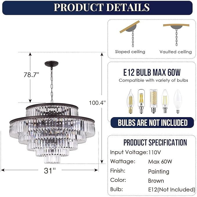 6-Tier Large Gold Crystal Chandeliers 31" Modern Luxury Chandeliers for Staircase K9 Crystal High Ceiling Chandelier 17-Light Round Hanging Pendant Light Fixture for Living Room Entryway Foyer