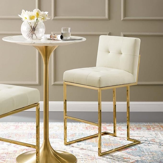 Modway Privy Gold Stainless Steel Performance Velvet Bar Stool, Ivory