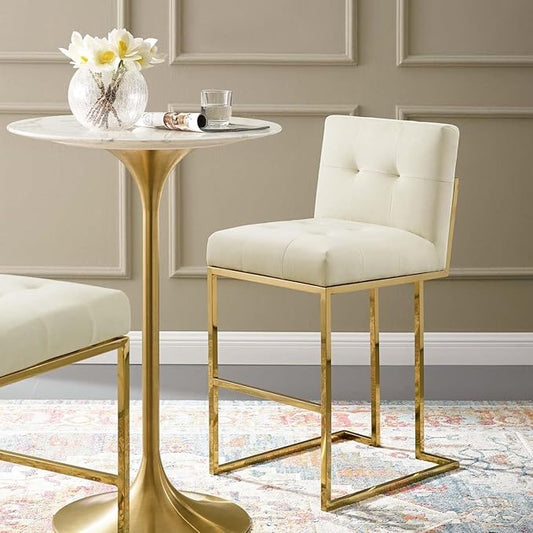 Modway Privy Gold Stainless Steel Performance Velvet Bar Stool, Ivory