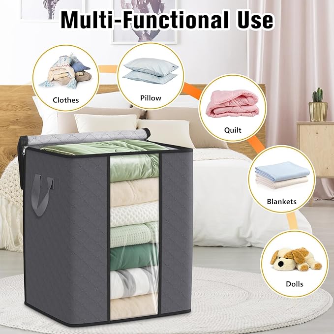 Clothes Storage Bags, 10-Pack Comforter Blanket Organizers, 80L Large Capacity Containers with Visual Window for Clothing, Quilt, Sheet, Pillow, Closet Organization for Bedding (Grey)