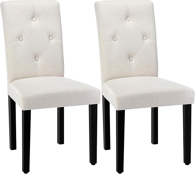 VECELO Upholstered Dining Chairs Set of 2, Modern Fabric and Solid Wood Legs & High Back for Kitchen/Living Room- Beige