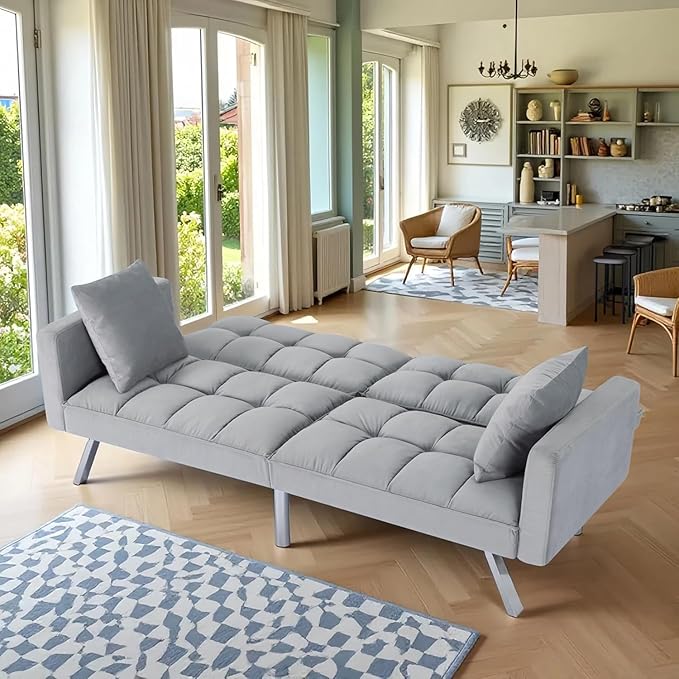 Futon Sofa Bed, 74 Inch Convertible Sofa Couch with Adjustable Backrest and Pillows, Sleeper Couch Bed with Velvet Upholstery, Square Tufted Design for Living Room Home Office, Light Gray