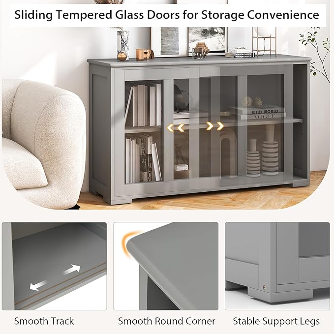 Byroce Sideboard Buffet Cabinet, Stackable Storage Coffee Bar Cabinet with Adjustable Shelf & Glass Sliding Doors, Wood Cupboard Credenza Console Table for Kitchen Dining Living Room (2, Grey)