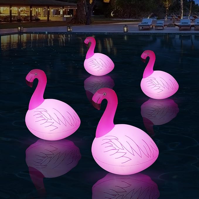 Solar Floating Lights 4PCS, Flamingo Floating Pool Lights Solar Powered, IP68 Waterproof Glow in The Dark LED Flamingo Pool Light for Garden, Yard, Patio, Party Decoration