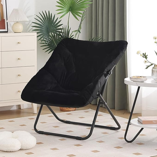 Saucer Chair, Comfy Bedroom Chairs, Oversized Folding Faux Fur Chair, Foldable Metal Frame Chair for Bedroom, Patio, Study, Playroom (Black)