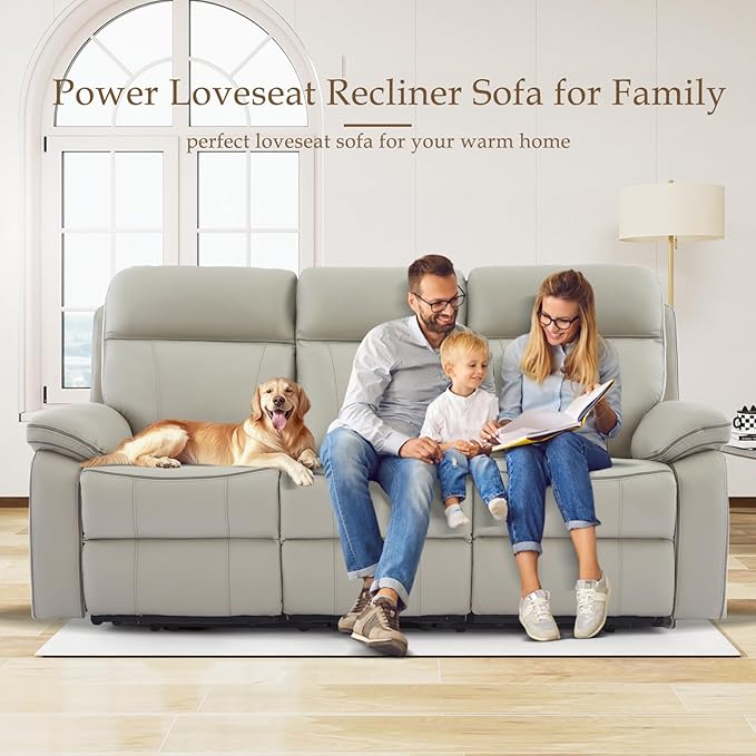 Power Reclining Sofa Set with LED Reading Light/Storage Drawer, Power Loveseat Recliner Sofa, Reclining Loveseat with Bluetooth Speakers/Outlets/Breathing Leather (Grey, Sofa+Loveseat)