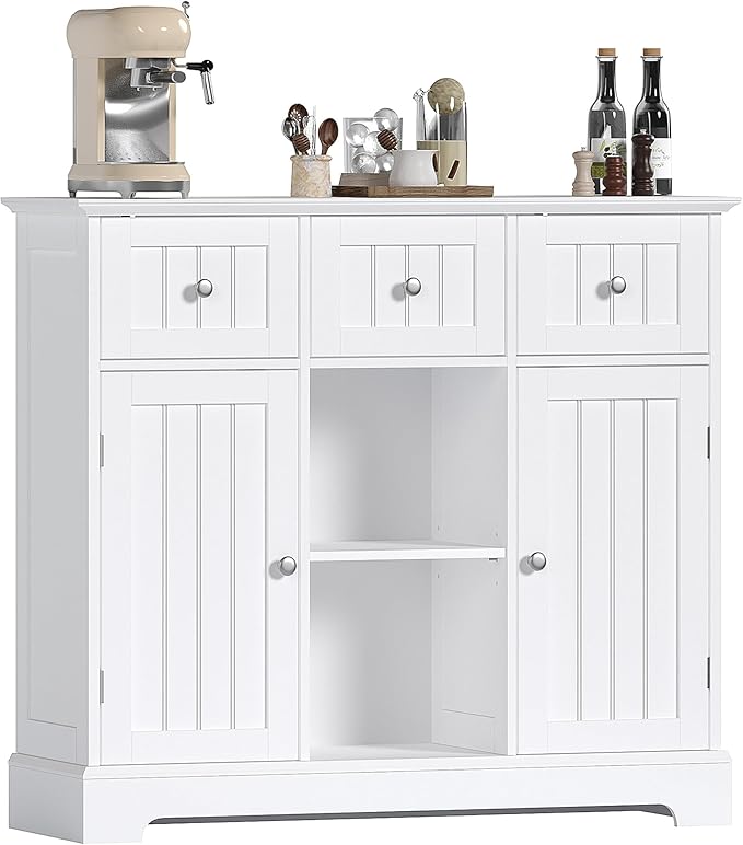 ChooChoo Buffet Cabinet, Coffee Bar with Drawers and Doors, Sideboard Storage with Shelves for Kitchen, Dining Room, Living Room, White