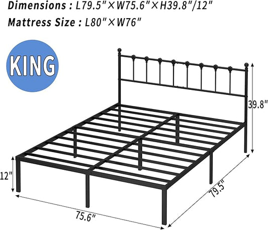 King Size Bed Frame with Modern Headboard, Metal Platform Bed Base with Strong Support, No Box Spring Needed, Easy Assembly, Noise Free，Black