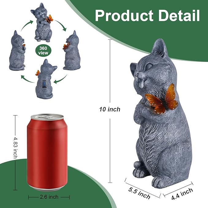 10 Inch Solar Cat Garden Statue with Butterfly LED Light - Unique Gifts for Mom Women Grandma, Sculpture Outdoor Decor for Patio, Porch, Yard, Lawn, Balcony