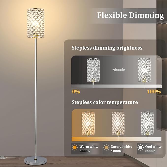 Crystal Floor Lamp with Remote Control, Smart Modern Silver Floor Lamps for Bedroom, Living Room, Crystal Standing Lamp Silver Home Décor, LED Bulb Included