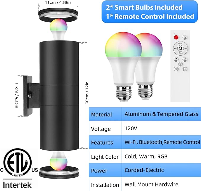 SHIMR Modern Outdoor Wall Lights Color Changing 2 Pack, RGBCW Smart Outdoor Lights Ambiance Sconce with Remote Control, Black Aluminum Exterior Lighting Fixtures Up and Down Lights [ETL Listed]
