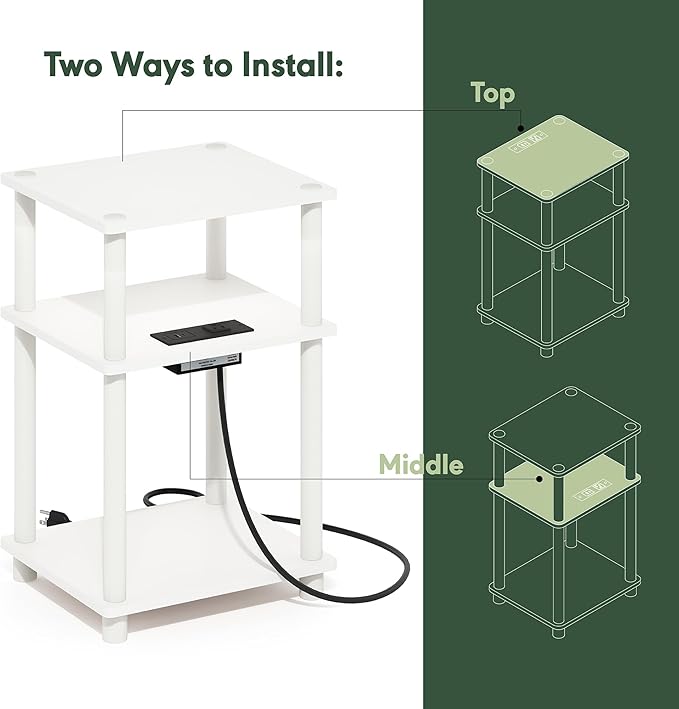 Furinno JUST Side Table, 3-Tier Modern End Table with Charging Station, Easy Assembly Night Stand, Bedside Table with USB and Type-C Charging Port, for Living Room, Bedroom, White