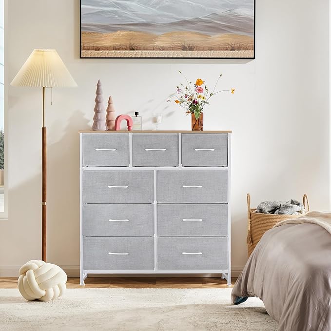 DUMOS 9 Drawer Dresser for Bedroom, Fabric Storage Organizer with Sturdy Metal Frame, Wooden Top Chest of Drawers for Closet Entryway Guest Room,Light Gray
