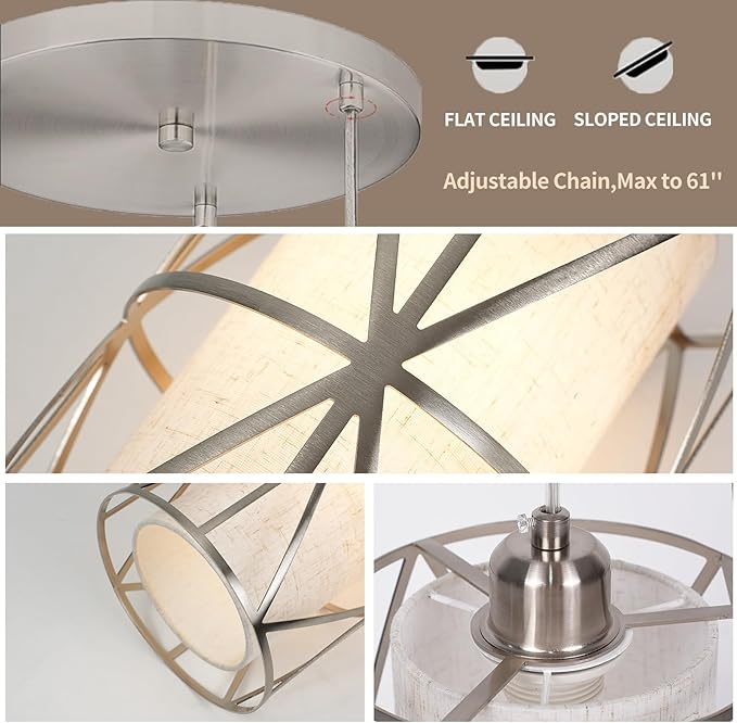 Brushed Nickel 3 Light Chandelier, Adjustable Height Pendant Lights Kitchen Island, Modern Dining Room Light Fixture with Linen Shade, Kitchen Light fixtures for Dining Room, Bathroom