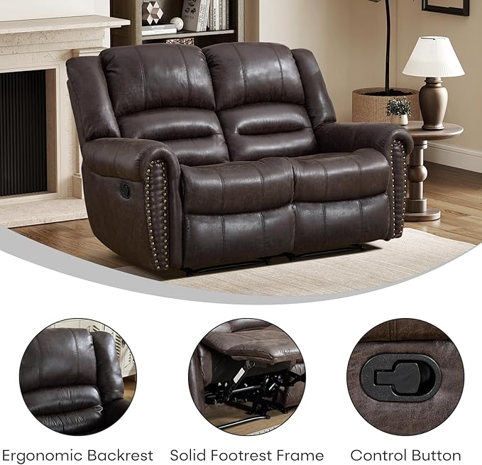 EBELLO Faux Leather Manual Loveseat Recliner, 2 Seat Reclining Sofa Chair with Soft Padded Seat Backrest, Vintage Rivet Mid-Century Design for Living Room, Bedroom, Dark Brown