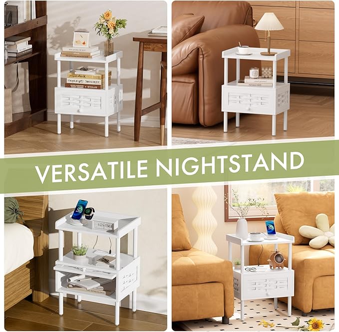 Amazer Bamboo Nightstand with Charging Station, Bedside Table with USB Ports & Outlets, End Table, Night Stand for Bedroom Lift-Up Drawer & Open Shelf, White