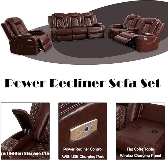 Power Recliner Sofa Set with LED, Leather Reclining Sofa Set, Living Room Furniture Set with USB Charging (3 Pieces Leather Couch Set, Garnet)