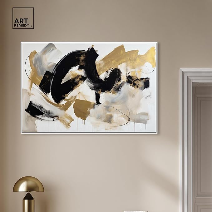 Art Remedy Moved Abstraction Canvas Modern Black White Abstract Wall Art, White Frame, 45" x 30"