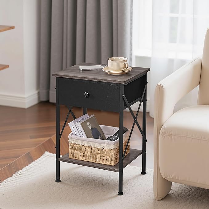 VECELO Nightstand, X-Design End Side Table with Fabric Storage Drawer and Open Shelf, Bedside Night Stand with Steel Frame for Bedroom, Living Room,Dorm, Easy Assembly, Gray