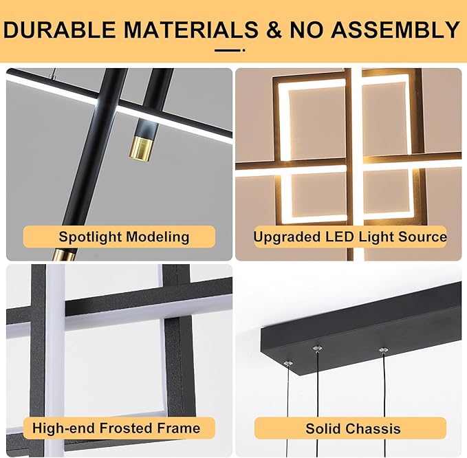 Modern LED Chandelier Lighting, Dimmable Linear Black Pendant Light with Squares, 39in Dining Room Hanging Light Fixture, Kitchen Island Pendant Light for Dining Table Bar (3000lm/50W)