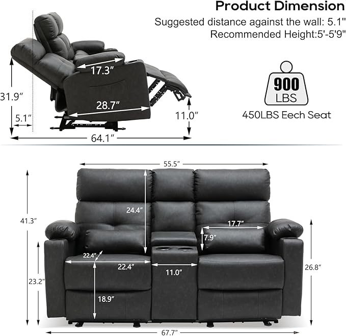 68'' RV Power Loveseat Recliner Sofa with Heat and Massage| RV Loveseat Recliner with Console| Double Reclining Couch with Cup Holder (PU, Black-Gray) | Double Seat, Electric Recliner