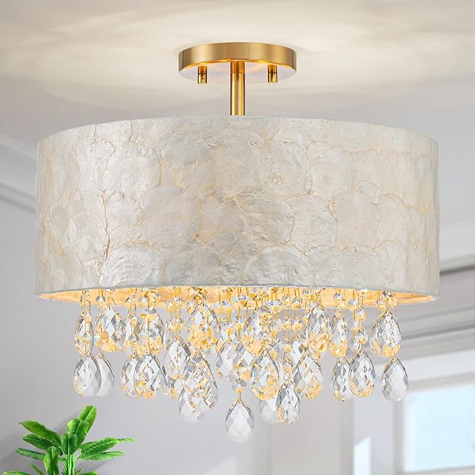 4-Light Drum Capiz Shell Crystal Chandeliers, Coastal Design Semi-Flushmount Ceiling Light Fixture for Dining Room, Bedroom, D16xH16 inch, Shell Lampshade & Gold Finish