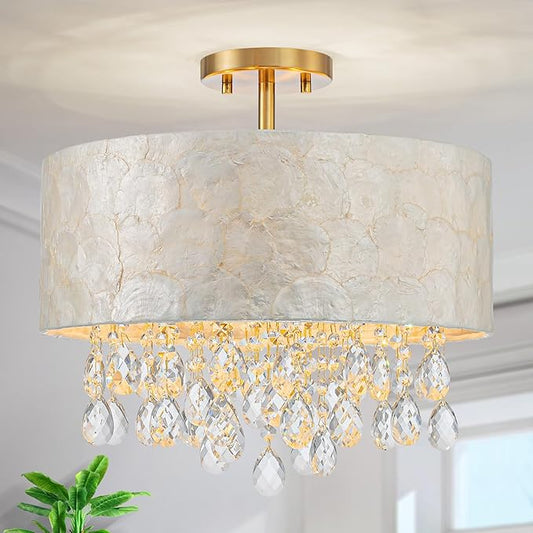 4-Light Drum Capiz Shell Crystal Chandeliers, Coastal Design Semi-Flushmount Ceiling Light Fixture for Dining Room, Bedroom, D16xH16 inch, Shell Lampshade & Gold Finish