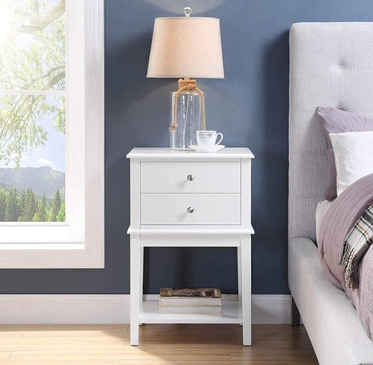 conifferism White Nightstand 2 Drawers and Storage Shelf, 28 Inch High Bedroom Night Stand, Contemporary Modern Bed Side Table, Living Room Country Cottage 19 Inch Wide End Table Metal Sliders