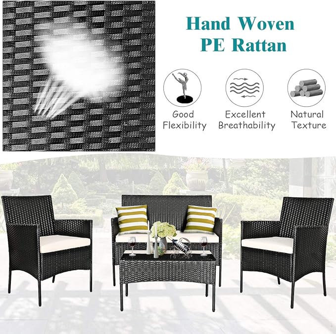 Tangkula 8 Piece Patio Furniture Set, Outdoor Wicker Conversation Set with Tempered Glass Coffee Table, Rattan Loveseat & Chairs Set with Seat Cushions for Backyard, Garden, Poolside (2, Beige)