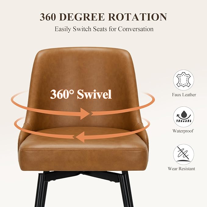 Bar Stools Set of 4, 26" Swivel Counter Height Chairs with Back,Thick Padded Seat & Footrest,Modern Faux Leather Barstool for Kitchen Island,Dining Room,Pub,Brown