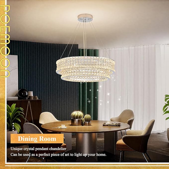 24’’ Crystal LED Chandelier 2-Tier with Remote Control Dimmable 3000-6500K Contemporary Luxury Chandeliers Modern Chrome Light Fixture for Dining Living Room Kitchen Island Foyer Entryway