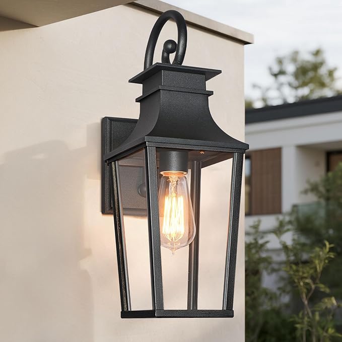 ALVIME 19 Inch Large Outdoor Wall Sconce, Matte Black Exterior Light Fixture, Waterproof Outside Lantern for House Front Door Entryway Porch Garage, E26 Base High Strength Clear Glass