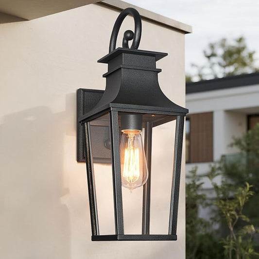 ALVIME 19 Inch Large Outdoor Wall Sconce, Matte Black Exterior Light Fixture, Waterproof Outside Lantern for House Front Door Entryway Porch Garage, E26 Base High Strength Clear Glass