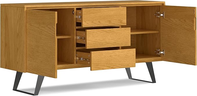SIMPLIHOME Lowry 60 inch x 17 inch Rectangle Modern Industrial Sideboard Buffet in Oak Veneer for the Dining Room and Kitchen