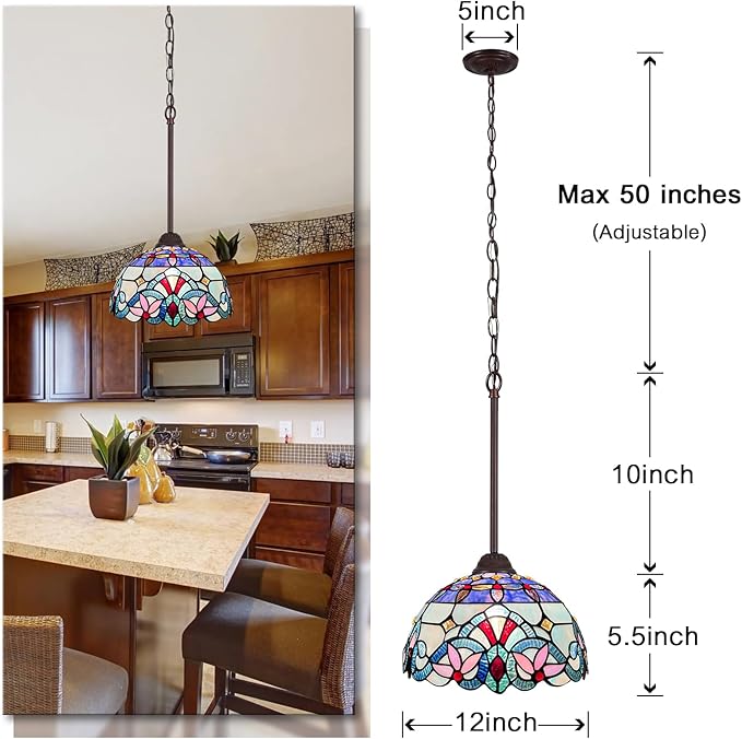 Capulina Tiffany Lamp Stained Glass Pendant Lights 12 Inches Wide Traditional Handicrafts Antique Victorian Tiffany Style Hanging Lamp for Kitchen Island Dining Room Hallway