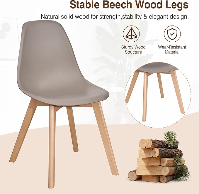 VECELO Dining Chairs Set of 4, Mid-Century Modern Kitchen & Dining Room Chairs, Molded Plastic Seat & Back, Solid Wood Legs, Armless, Non-Slip Feet, Grey