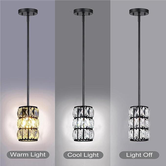 CALDION Black Crystal Pendant Light, 2Pack Modern Pendant Lights, Mini Crystal Chandelier Adjustable Hanging Ceiling Light Fixtures for Kitchen Island Dining Room Bedroom Hallway Bar Entryway