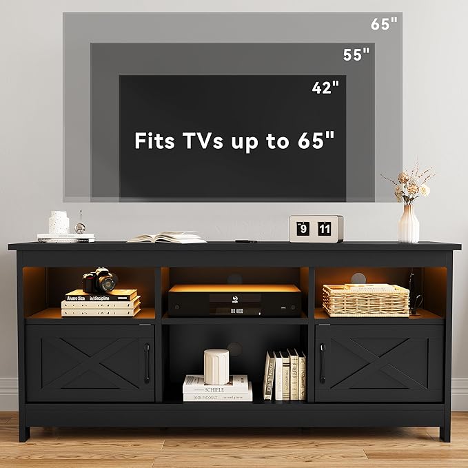 DWVO Farmhouse TV Stand for 65 Inch TV, Black Entertainment Center with LED Lights & Power Outlet, TV Media Console with Storage for Living Room, Black
