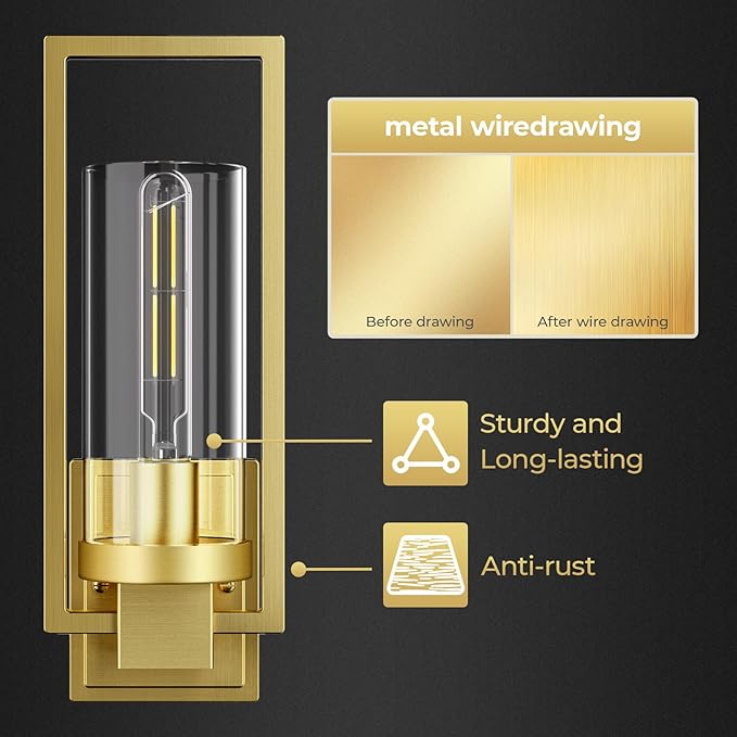 CINOTON Golden Wall Sconces Set of 2, 15" Brushed Gold Wall Mounted Lamp, Hardwired AC 120V Wall Sconces Vintage Vanity Light Fixtures with Clear Glass, Wall Lights for Living Room, Hallway, Bedroom