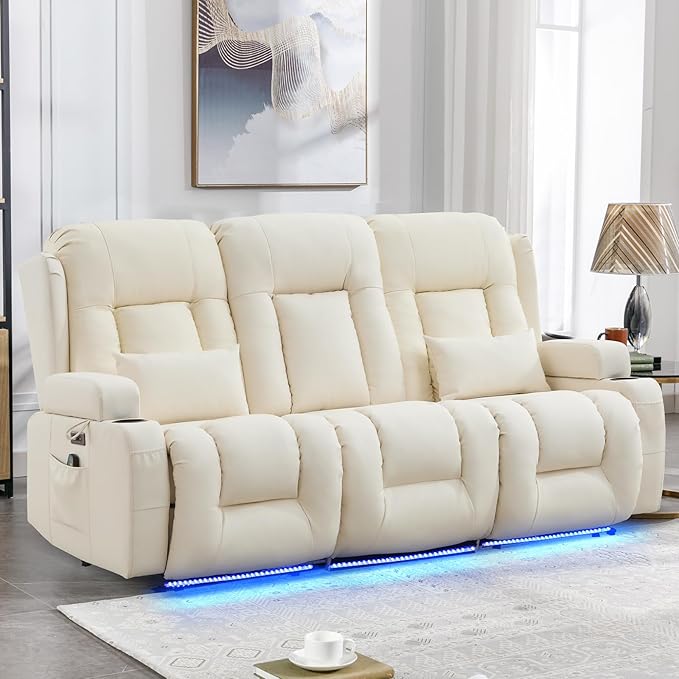 IPKIG Power Recliner Sofa with Flip-Up Backrest Console, USB & USB-C Ports, AC Outlet, LED Lights, Wall Hugger Recliners for Living Room, RV (Off Withe, 76.8" - 3 Seat) | Faux Leather, Zero Gravity, Dual Reclining, 2 Lumabr Pillow