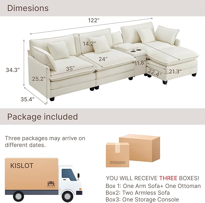 122" Oversized Modular Sectional Sofa with Storage Console,L-Shaped Cloud Couch with Movable Ottoman,Deep Seat,Thick Cushions, Multi Functional Console with USB & 2 Cup Holder,Sofa Set for Living Room | Wood Frame