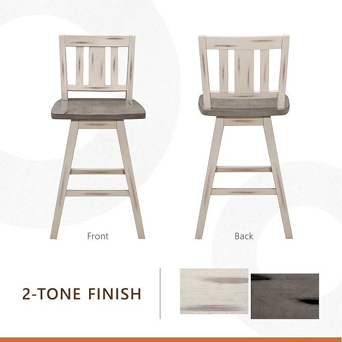 Lexicon Counter Height Stools Set of 2-Solid Wood Frame 360° Swivel Wooden Stools, Foot Rest, Slat Back, Wide Seat, Distressed Farmhouse Easy to Clean Finish, 24" SH, Antique White/Grey