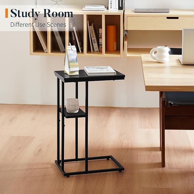 Yoobure C Shaped End Table Set of 2, Side Table Living Room, Couch Tables That Slide Under Couch Tables with Metal Frame, Rustic Snack Table for Bedroom/Small Spaces Large Desktop