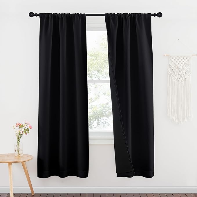 NICETOWN 100% Blackout Window Curtain Panels, Rod Pocket Full Light Blocking Drapes with Black Liner for Nursery, 72 inches Drop Thermal Insulated Draperies (Black, 2 Pieces, 37 inches Wide Per Panel)