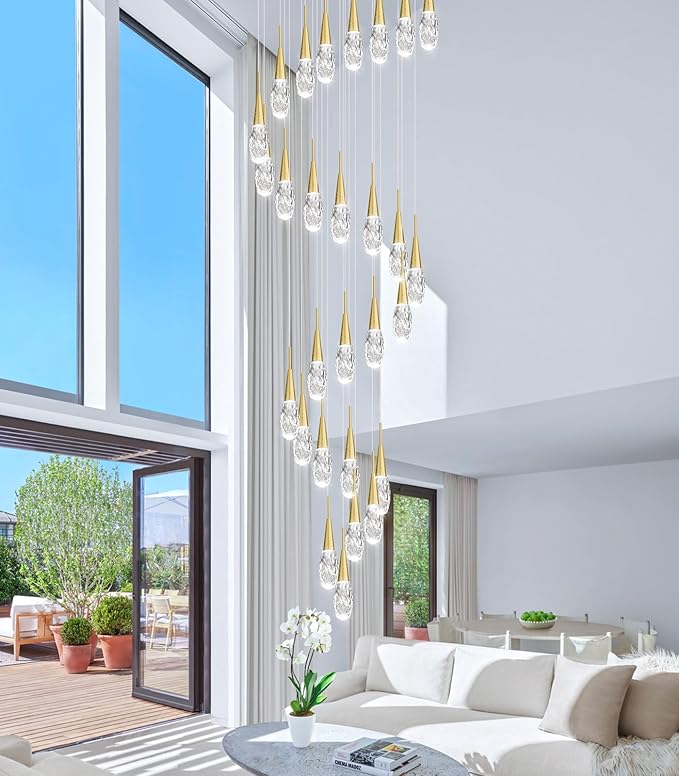 28-Lights 177 Inches Modern Chandelier LED Light Fixtures High Ceiling Long Light Chandelier for Entrance Foyer Dimmable Lights with Remote Living Room Ceiling Pendant Lighting Drop Lights Shine Gold
